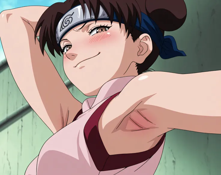 masterpiece, best quality, amazing quality, anime screencap, anime coloring, 1girl, solo, ytenten, brown eyes, brown hair, short hair, double bun, small breasts, forehead protector, konohagakure symbol, bare shoulders, sleeveless shirt, armpit, armpit focu...