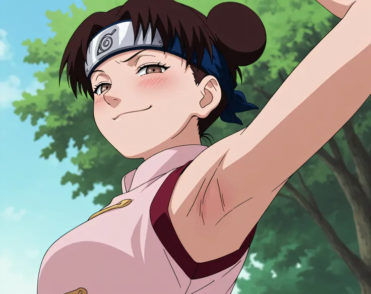 masterpiece, best quality, amazing quality, anime screencap, anime coloring, 1girl, solo, ytenten, brown eyes, brown hair, short hair, double bun, small breasts, forehead protector, konohagakure symbol, bare shoulders, sleeveless shirt, armpit, armpit focu...