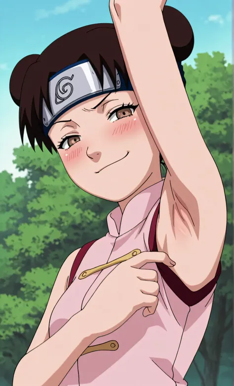masterpiece, best quality, amazing quality, anime screencap, anime coloring, 1girl, solo, ytenten, brown eyes, brown hair, short hair, double bun, small breasts, forehead protector, konohagakure symbol, bare shoulders, sleeveless shirt, arm up, raised arm,...