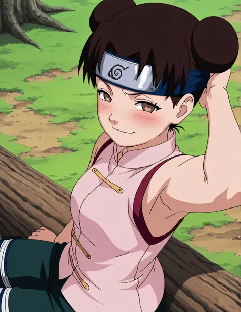 masterpiece, best quality, amazing quality, anime screencap, anime coloring, 1girl, solo, ytenten, brown eyes, brown hair, short hair, double bun, small breasts, forehead protector, konohagakure symbol, bare shoulders, sleeveless shirt, arm on own head, ar...
