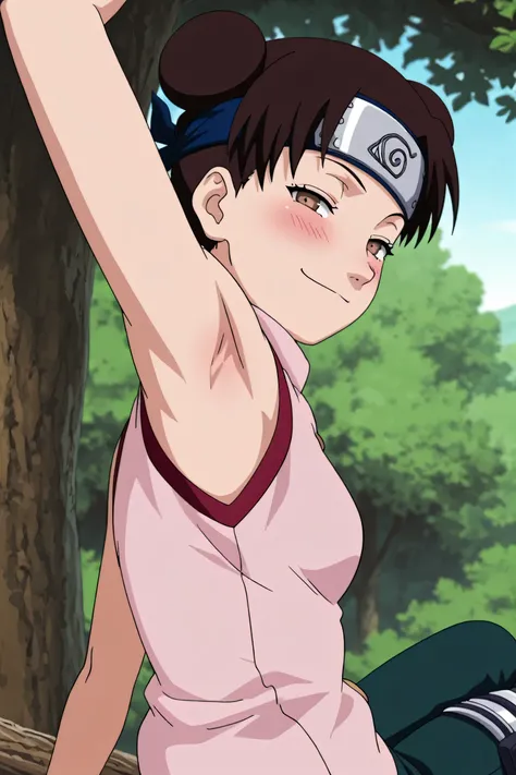 masterpiece, best quality, amazing quality, anime screencap, anime coloring, 1girl, solo, ytenten, brown eyes, brown hair, short hair, double bun, small breasts, forehead protector, konohagakure symbol, bare shoulders, sleeveless shirt, arm up, raised arm,...