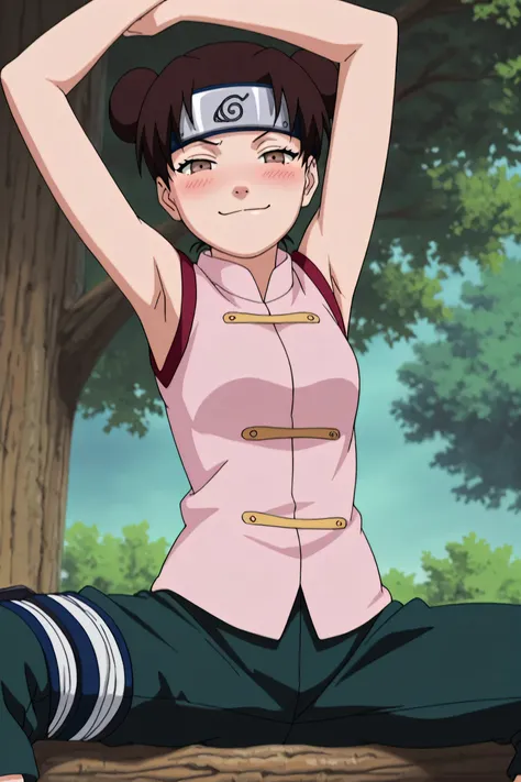 masterpiece, best quality, amazing quality, anime screencap, anime coloring, 1girl, solo, ytenten, brown eyes, brown hair, short hair, double bun, small breasts, forehead protector, konohagakure symbol, bare shoulders, sleeveless shirt, arms up, raised arm...