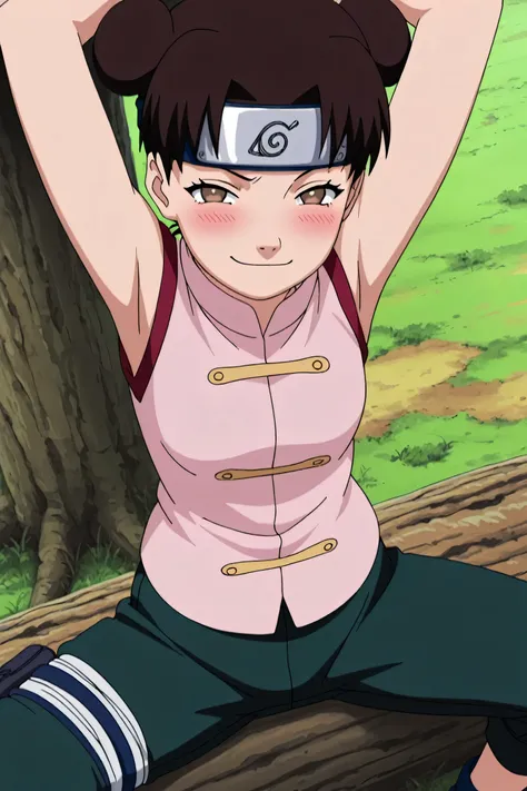masterpiece, best quality, amazing quality, anime screencap, anime coloring, 1girl, solo, ytenten, brown eyes, brown hair, short hair, double bun, small breasts, forehead protector, konohagakure symbol, bare shoulders, sleeveless shirt, arms up, raised arm...
