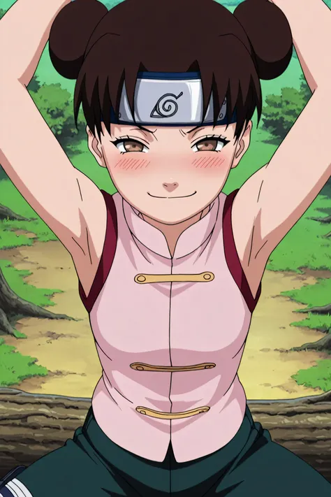 masterpiece, best quality, amazing quality, anime screencap, anime coloring, 1girl, solo, ytenten, brown eyes, brown hair, short hair, double bun, small breasts, forehead protector, konohagakure symbol, bare shoulders, sleeveless shirt, arms up, raised arm...