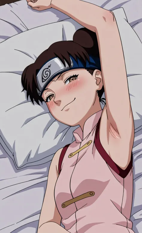 masterpiece, best quality, amazing quality, anime screencap, anime coloring, 1girl, solo, ytenten, brown eyes, brown hair, short hair, double bun, small breasts, forehead protector, konohagakure symbol, bare shoulders, sleeveless shirt, arm up, raised arm,...