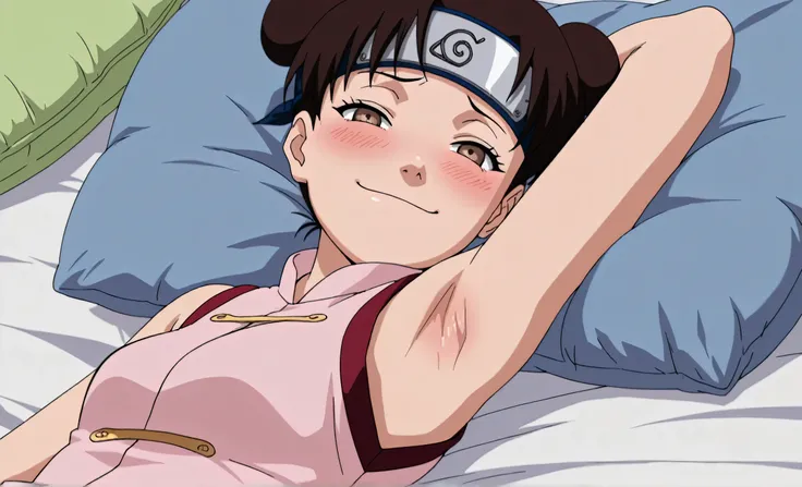 masterpiece, best quality, amazing quality, anime screencap, anime coloring, 1girl, solo, ytenten, brown eyes, brown hair, short hair, double bun, small breasts, forehead protector, konohagakure symbol, bare shoulders, sleeveless shirt, arm behind head, ar...
