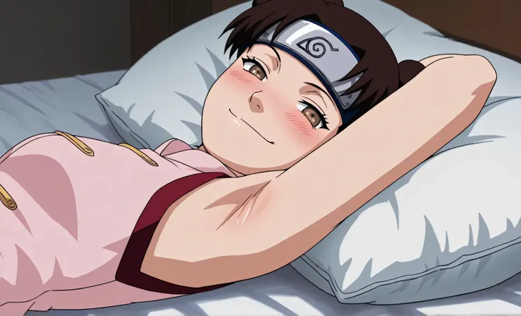 masterpiece, best quality, amazing quality, anime screencap, anime coloring, 1girl, solo, ytenten, brown eyes, brown hair, short hair, double bun, small breasts, forehead protector, konohagakure symbol, bare shoulders, sleeveless shirt, arm behind head, ar...