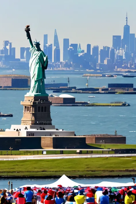 scene with the Statue of Liberty in the background, fogos de artificio, Party mood July 4th, liberty island, Statue of Liberty USA, scenario of July 4th with the Statue of Liberty, 