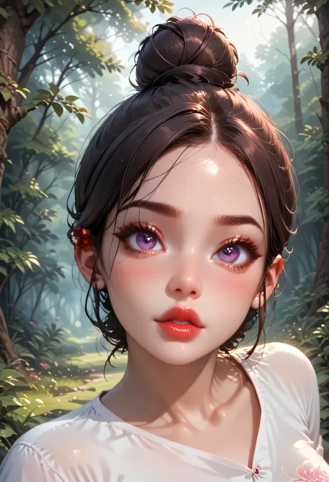 forest, 1girl, (perfect face), bun top knot hair, dark brown hair, black eyebrows, thin eyebrows, black eyeliners, big eyes, purple eyes, blush, bright red lips, thick lips, v-neck shirt, white v-neck shirt, medium breasts