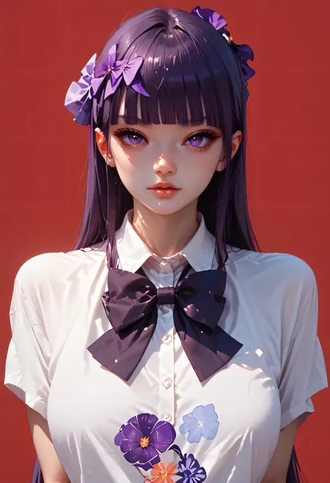 red background, dark purple hair, long hair, purple eyes, 1girl, solo, simple background, bow, blunt bangs, bangs, looking at viewer, bowtie, very long hair, upper body, shirt