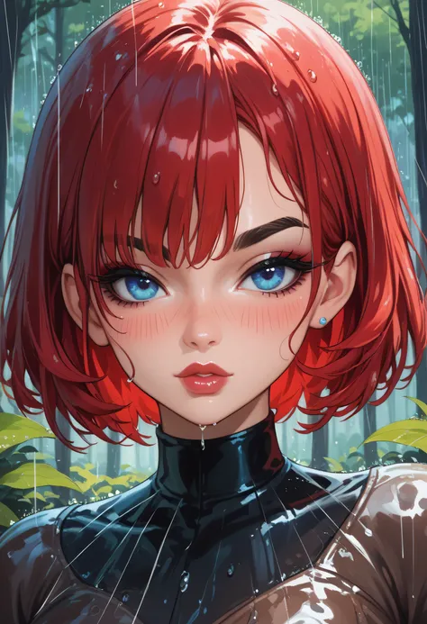 (Perfect Face, Short Cut Smooth Hair, Bright Red Hair, Black Thin Eyebrows, Blue Eyes, Purple Eyeshadows, Black Eyeliners, Blushing, Bright Red Thick Lips, Beautiful Woman) Forest, Cloud, Rain