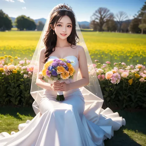 (masterpiece,best quality: 1.4),(8k,raw photo,photo realistic:1.2),shiny skin, detailed skin,detailed face,detailed eyes,Japanese idol,beautiful face,(A field of flowers), various beautiful flowers, a beautiful girl, a Japanese woman, an extremely beautifu...