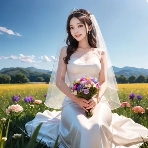 (masterpiece,best quality: 1.4),(8k,raw photo,photo realistic:1.2),shiny skin, detailed skin,detailed face,detailed eyes,Japanese idol,beautiful face,(A field of flowers), various beautiful flowers, a beautiful girl, a Japanese woman, an extremely beautifu...