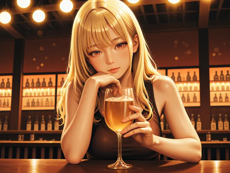 Beautiful Blonde Woman Posing at Gym,Drinking alcohol under the interior lights of an izakaya,vibrant atmosphere,Precise Details,realistic depiction,4K high definition,They hold a glass under the tone-mapped,Bokeh Lights,warm color,Delicate brushwork,sophi...