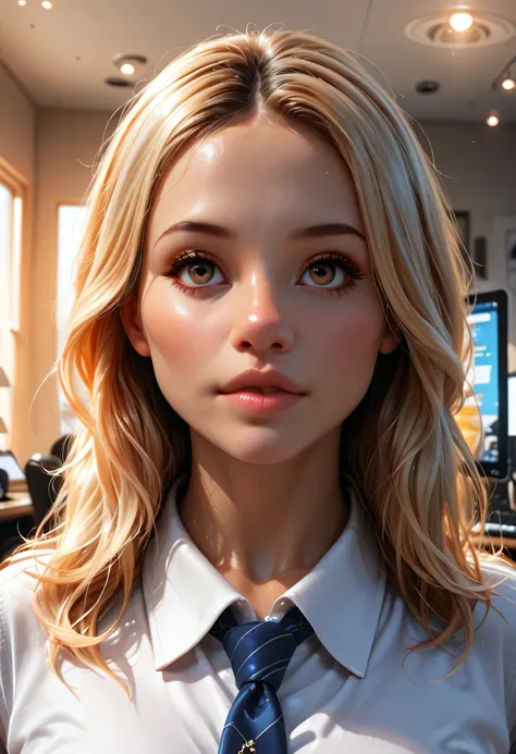 a beautiful girl with long blonde hair, detailed eyes, nose, and lips, wearing  professional outfit, siting in her office, using her computer, hp comuter (best quality,4k,8k,highres,masterpiece:1.2),ultra-detailed,(realistic,photorealistic,photo-realistic:...