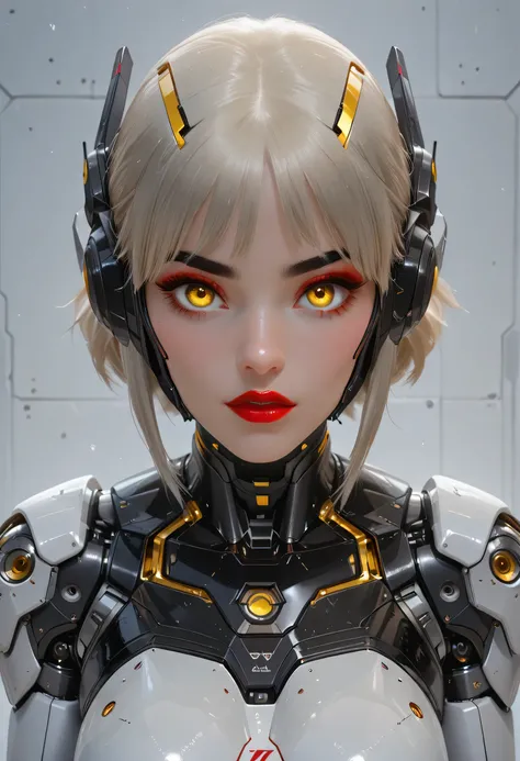 (Perfect Face), (Black Medium Hair), (Black Thick Eyebrows), (Big Bionic Yellow Eyes), (Red Thick Lipstick), (Female Robot), (Beautiful Woman), Looking At Viewer