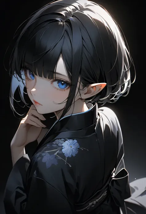 1girl , wanke , shiun \(siun 5513\) , solo , petite , blunt bangs , (very short hair) , blue eyes , half-closed eyes , pointy ears , tsurime , asymmetrical sidelocks , black hair , hair behind ear , black kimono , obi , obiage , sleeves past fingers , hand...