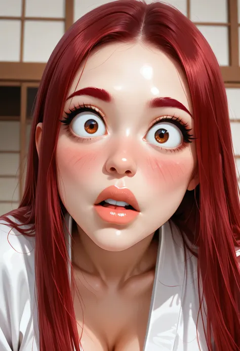 (perfect face), 1girl, red hair, long straight hair, red thin eyebrows, brown eyes, big eyes, black eyeliners, nose, thick lips, big lips, (surprised), (talking), blushing, collarbone, cleavage, medium breasts, white kimono, (looking at viewer)