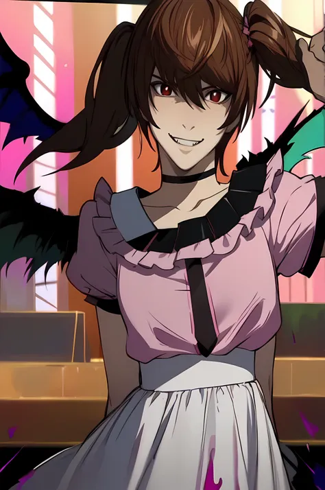 masterpiece, highest quality, movie stills, 1 boy, alone, male focus, light_yagami, Inappropriate laughter, evil laugh, A vulgar grinning face, brown hair, bow, hair between eyes, twintails, pink ribbon, idol dress, pink shirt, white skirt, choker, jewelle...
