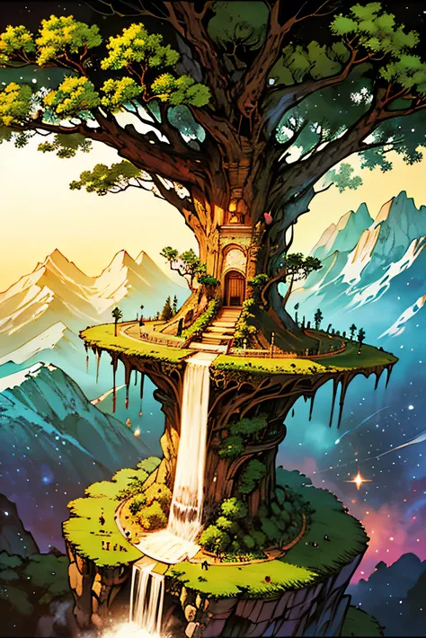 a picture of a tree with a waterfall in the center, Magic Tree, Magic Tree, Space Tree of life, the Tree of Life, the world tree, Tree of Life seed of doubt, Tree of Life, large Magic Trees, Fantasy Tree, world tree, Space Tree,  a golden sacred tree , Ygg...