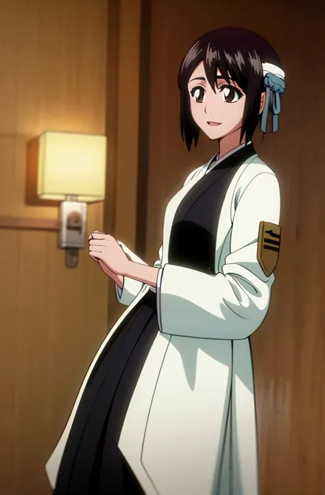 masterpiece, Highest quality , one girl from the side , romantic love , black hair, single , Straight long hair, Vancouver, brown eyes, kimono, white sleeveless coat ,Captain's coat without white sleeves, black kimono , smile, alone, I'm looking for , simp...