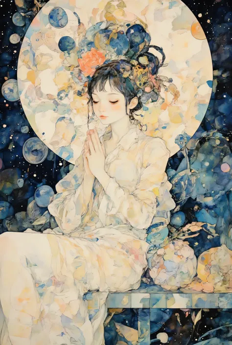(Extremely Beautiful and Exquisite Watercolor:1.5),((Beautiful Girl Praying for July 5th)), cosmic background、starry sky background、Quality\(8k,非常に精細なCGユニットのWallpaper, masterpiece,high definition,top-Quality,top-Quality real texture skin,Surrealism,increas...