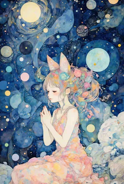 (Extremely Beautiful and Exquisite Watercolor:1.5),((Beautiful cat girl offering a prayer for July 5th)), cosmic background、starry sky background、Quality\(8k,非常に精細なCGユニットのWallpaper, masterpiece,high definition,top-Quality,top-Quality real texture skin,Surr...