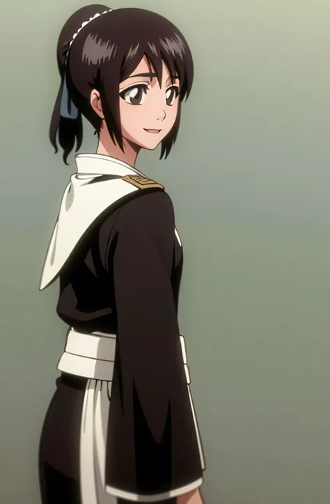 Masterpiece, top quality , one girl from the side , romantic love , black hair, single ,ponytail,brown eyes,kimono, white sleeveless coat ,Captain's coat without white sleeves, black kimono , smile, alone, I'm looking for , simple background ,