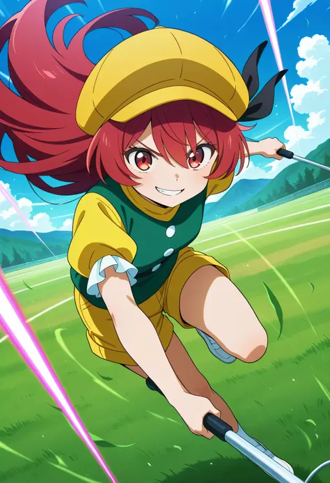 absurdres, highres, masterpiece, best quality, amazing quality, official anime artwork, screencap, anime screencap, outdoors, looking down at viewer, dynamic pose, green field, angry smile, preparing attack,
 Orange, 1girl, solo, red eyes, red hair, long h...
