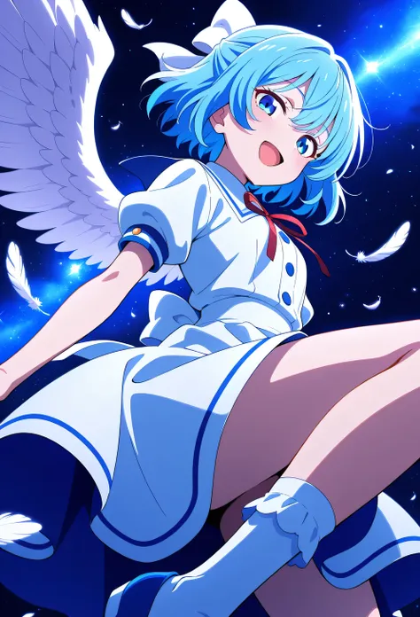 absurdres, highres, masterpiece, best quality, amazing quality, official anime artwork, screencap, anime screencap, space, blue space, looking down at viewer, open mouth, dynamic pose,
 mai, 1girl, solo, blue eyes, blue hair, short hair, white wings,, hair...