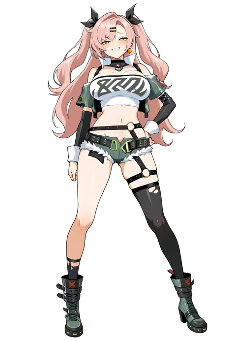 (henriiku \(ahemaru\):1.0), masterpiece, best quality, looking at viewer ,  standing, 1girl, (nicole demara \(zenless zone zero\), pink hair, long hair, tube top, single thighhigh, short shorts, cropped jacket, belt boots, hair ribbon, hairclip, two side u...