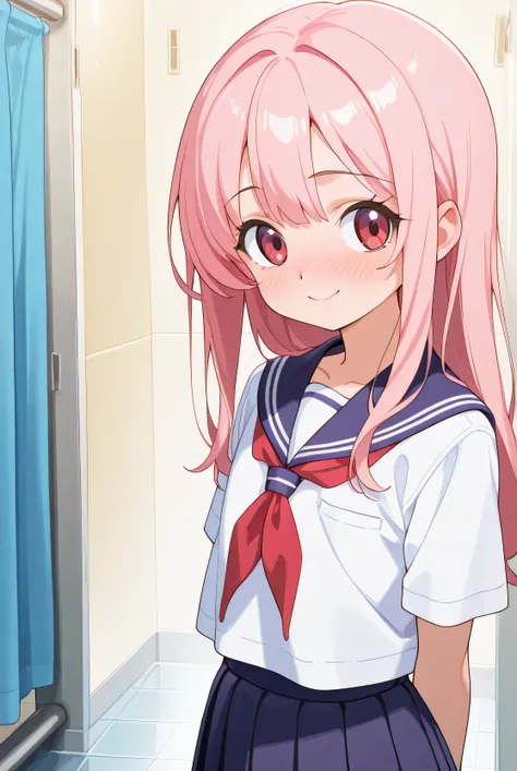 1girl, japanese,a flat-chested girl,long hair, pink hair, red purple eyes, in the changing room of a public bath, anime style,flat chest:20, shy smile, upward glance,looking at viewer, blushing, school uniform