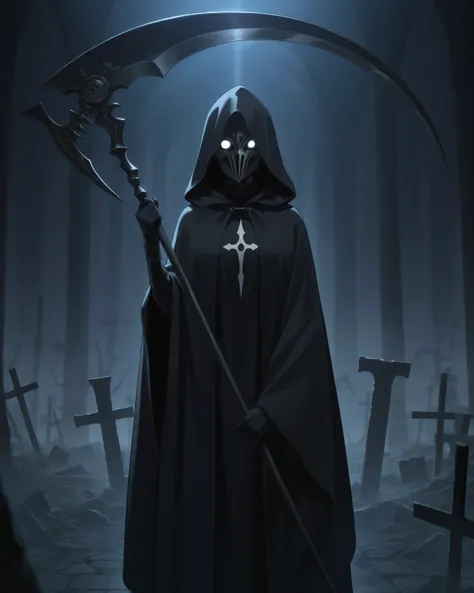 score_9, score_8_up, score_7_up, best quality, detailed face, detailed background, maximum detail, beautiful face, beautiful eyes, very aesthetic, absurdres, perfect lighting, nsfw, anime coloring, 1female, hood up, black grim reaper robe, face hidden, bla...