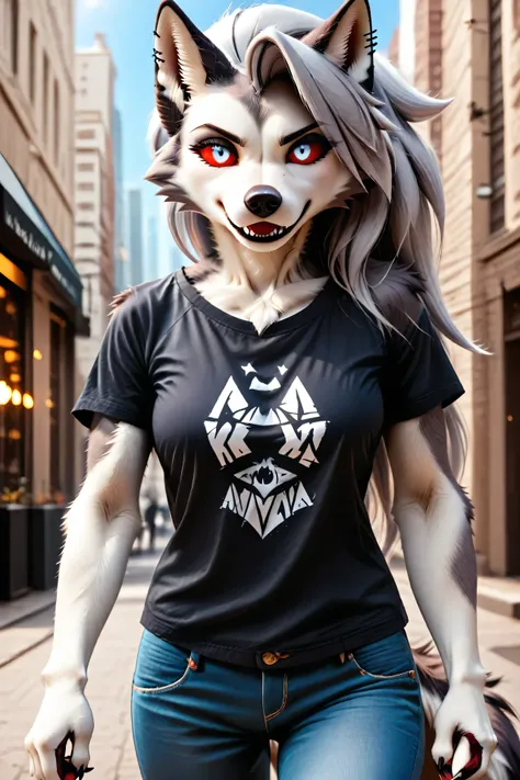 Loona, furry, realisctic, fluffy tail, solo, t-shirt, jeans, walking, city street, day, front view, high-range shot, ultrahigh details, ultra-realistic photo, two-tone fur, gray fur, anthro, wolf girl, animal nose, wolf tail, red sclera, white iris, canine...