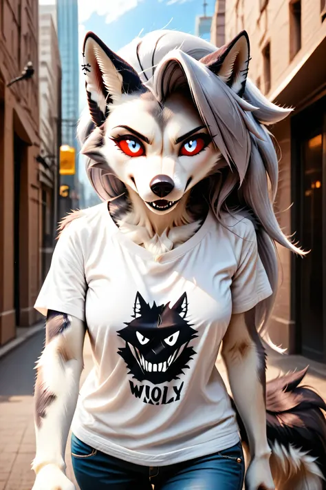 Loona, furry, realisctic, fluffy tail, solo, t-shirt, jeans, walking, city street, day, front view, high-range shot, ultrahigh details, ultra-realistic photo, two-tone fur, gray fur, anthro, wolf girl, animal nose, wolf tail, red sclera, white iris, canine...