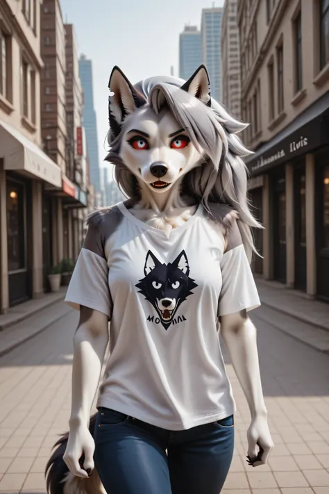 Loona, furry, realisctic, fluffy tail, solo, t-shirt, jeans, walking, city street, day, front view, high-range shot, ultrahigh details, ultra-realistic photo, two-tone fur, gray fur, anthro, wolf girl, animal nose, wolf tail, red sclera, white iris, canine...