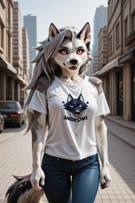 Loona, furry, realisctic, fluffy tail, solo, t-shirt, jeans, walking, city street, day, front view, high-range shot, ultrahigh details, ultra-realistic photo, two-tone fur, gray fur, anthro, wolf girl, animal nose, wolf tail, red sclera, white iris, canine...