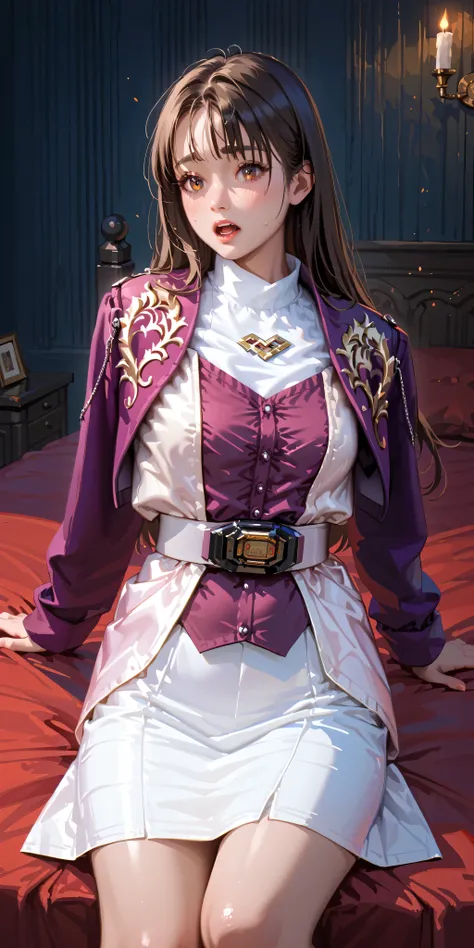 (High definition CG), (top quality),in a dark room,on bed,((Composition showing the upper body)),((direct point of view)),((1 woman with glowing green hair)),perfect face, wide hips, thin waist, ,purple bolero jacket,(((white skirt))),long sleeve, Pink B...