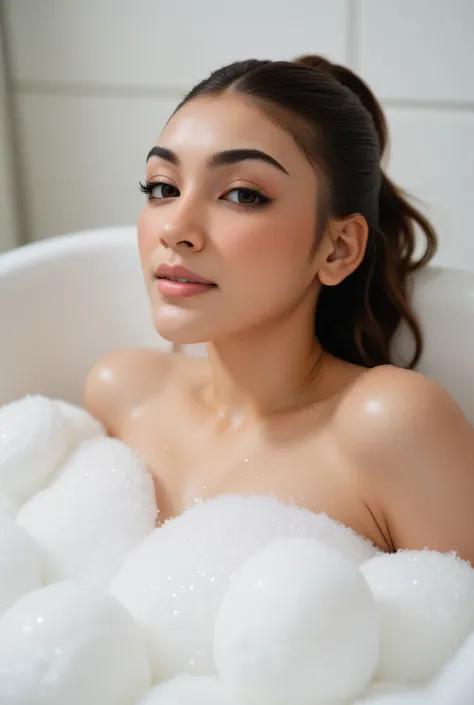 CREATE ANIME CARTOON 3D PHOTO, "A highly realistic, ultra-detailed portrait of a woman relaxing in a bubble bath, captured in the best settings of a SONY A7R with a fast prime lens (f/1.8). The scene features a minimalist bathroom with soft, natural lighti...