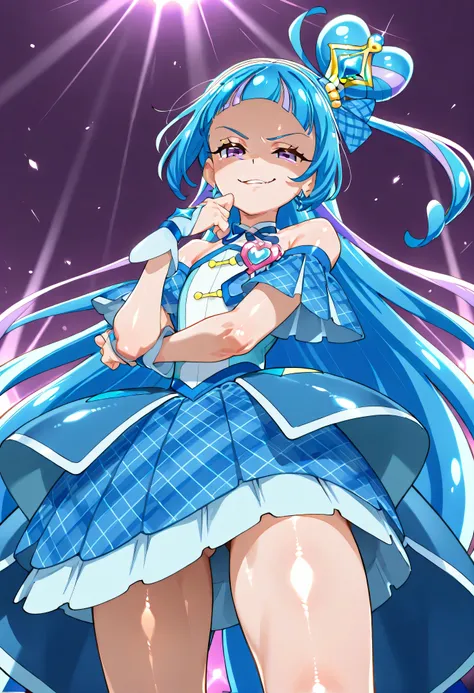 、  look down、from below、 BREAK、cure ink 、Cure Winx  、idol you and idol Pretty Cure blue hair、Magical Girl、 mini crown、PURPLE EYES, blue dress ,Angled hat,Very Long Hair,sober bang,Bareshoulder,Headband,,,nsfw,(Smirk:1.8),obscene,top quality,very detailed i...