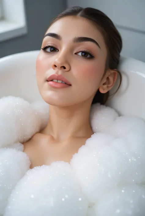 CREATE ANIME CARTOON 3D PHOTO, "A highly realistic, ultra-detailed portrait of a woman relaxing in a bubble bath, captured in the best settings of a SONY A7R with a fast prime lens (f/1.8). The scene features a minimalist bathroom with soft, natural lighti...