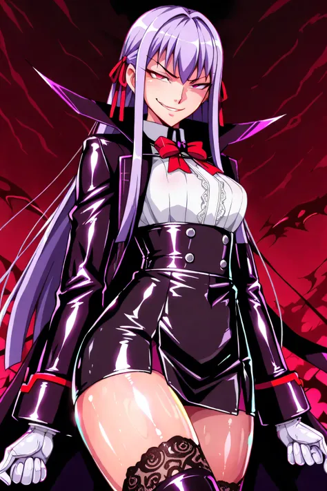PURPLE EYES, long hair, purple hair, uniform、hair ribbon, red ribbon、BBBase, neck bow,  Let's do it like a white shirt, black skirt, High Waist Skirt, white gloves, Black knee-highs, lace trim legwear, black coat,  , smile, 、(evil smirk:1.9),Ufotable Style...