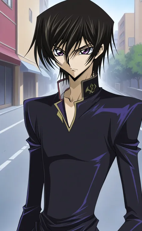 1male,solo,Lelouch Lamperouge,black hair,short hair,bang,purple eyes,black coat,gakuran,japanese,street,Yugioh Duel Monsters Style