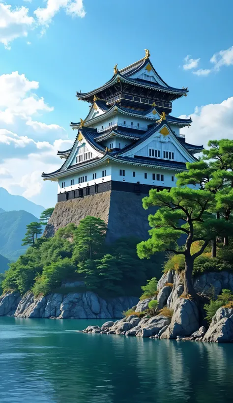 highdefinition images,Azuchi Castle 、The top floor of the castle tower is a hexagon、large castle on top of a small mountain overlooking Lake Biwa、Panoramic Images