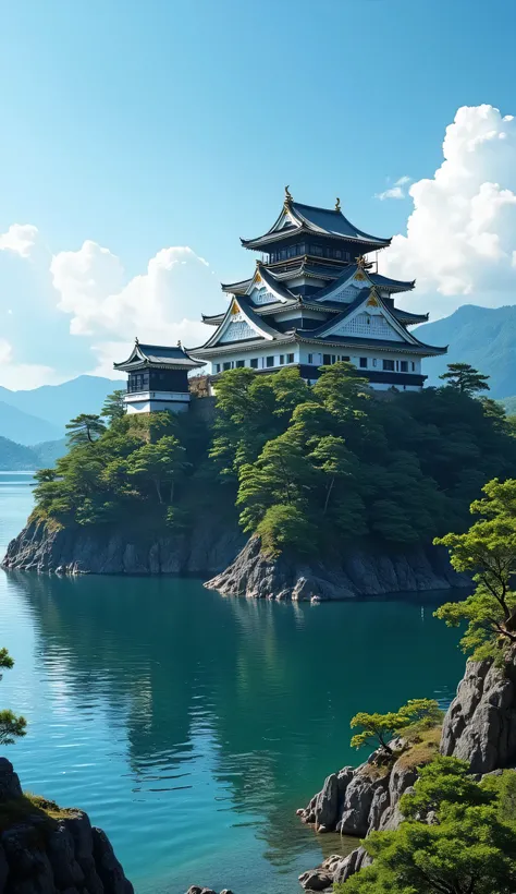highdefinition images,Azuchi Castle 、The top floor of the castle tower is a hexagon、large castle on top of a small mountain overlooking Lake Biwa、Panoramic Images