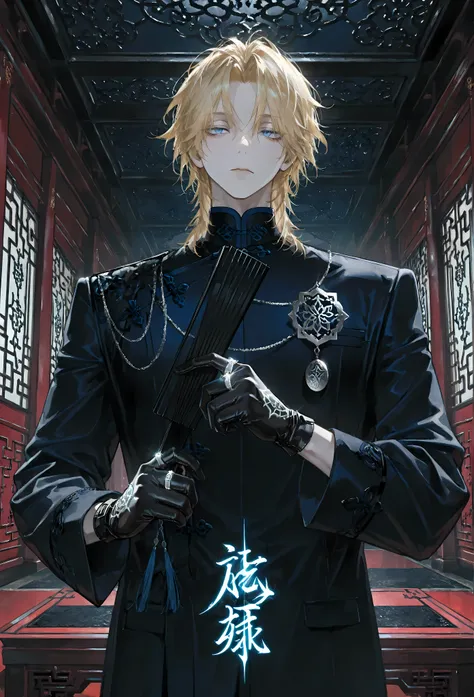 8k, beautiful masterpiece, looking out at the front, alone, super pale skin, Perfect Eyes shape, Athletic Build, ((He wears: Black Elaborate Daopao (道袍), Silver Ring, Silver Daoist Amulet, Black Leather Gloves)), (((background is Chinese opulent room, look...