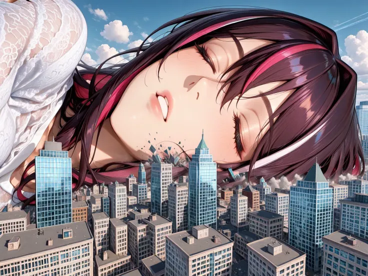 masterpiece, best quality, Great Quality, very detailed,solo, "AZKi" are sleeping in each other's arms, The gigantic "AZKi" towering higher than any building, Miniature cities, ruined miniature cities,Densely packed buildings, Destroying buildings: "AZKi"...