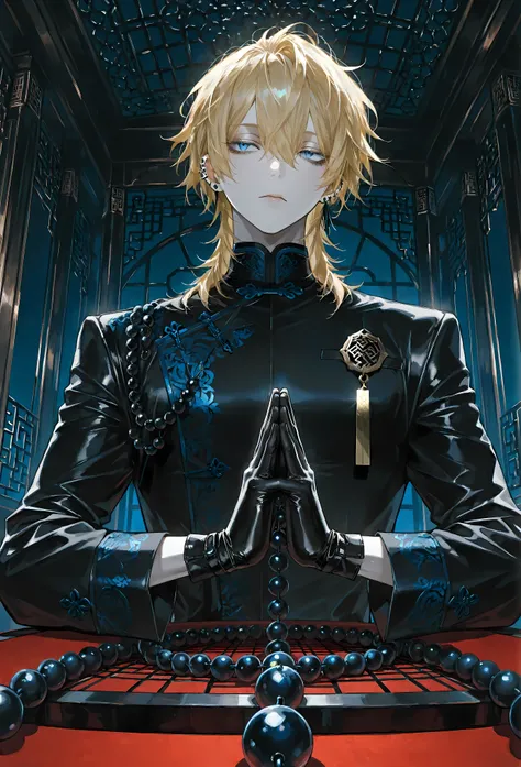 8k, beautiful masterpiece, looking out at the front, alone, super pale skin, Perfect Eyes shape, Athletic Build, ((He wears: Black Elaborate Daopao (道袍), Silver Daoist Amulet, Black Leather Gloves)), (((background is Chinese opulent room, looks emotionless...