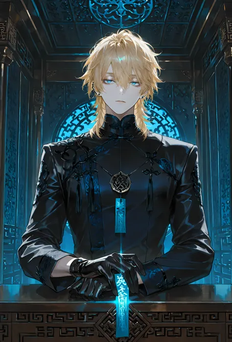 8k, beautiful masterpiece, looking out at the front, alone, super pale skin, Perfect Eyes shape, Athletic Build, ((He wears: Black Elaborate Daopao (道袍), Silver Daoist Amulet, Black Leather Gloves)), (((background is Chinese opulent room, looks emotionless...