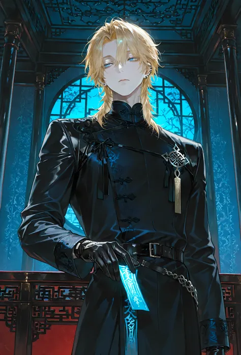 8k, beautiful masterpiece, looking out at the front, alone, super pale skin, Perfect Eyes shape, Athletic Build, ((He wears: Black Elaborate Daopao (道袍), Silver Daoist Amulet, Black Leather Gloves)), (((background is Chinese opulent room, looks emotionless...